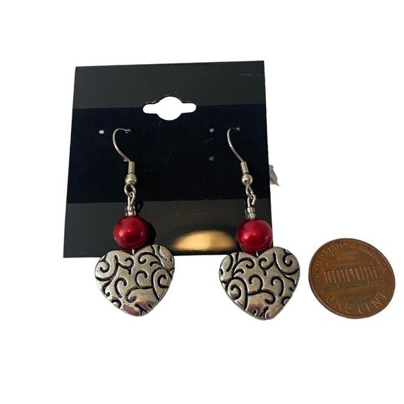 Silver Toned Heart Shaped Earrings w/ Red Bead. - Picture 5 of 5